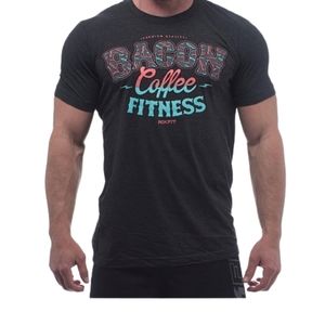 Rokfit The Trifecta, Bacon, Coffee, Fitness  men's tshirt size 2XL charcoal gray